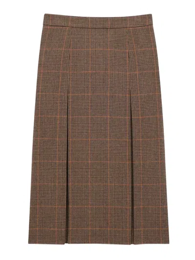 Saint Laurent Prince Of Wales Wool And Cashmere Midi Skirt In Brown