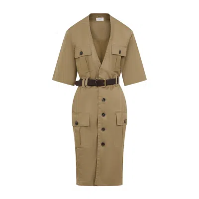 SAINT LAURENT SAINT LAURENT BEIGE COTTON BELTED DRESS