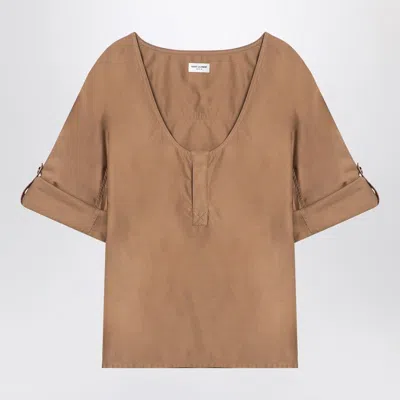 Saint Laurent Beige Cotton Henley Blouse Women In Cream