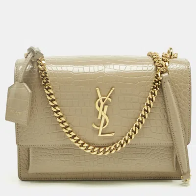 Pre-owned Saint Laurent Beige Croc Embossed Leather Medium Sunset Shoulder Bag In Sand