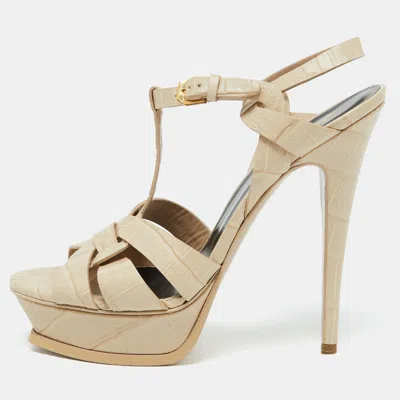 Pre-owned Saint Laurent Beige Croc Embossed Leather Tribute Platform Sandals Size 40