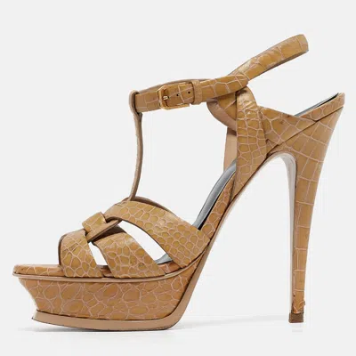 Pre-owned Saint Laurent Beige Croc Embossed Leather Tribute Sandals Size 38.5