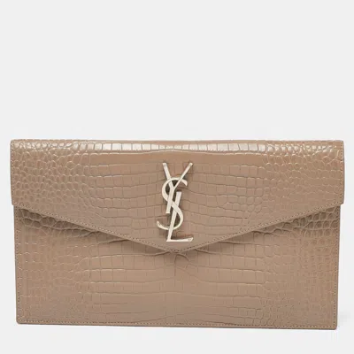 Pre-owned Saint Laurent Beige Croc Embossed Leather Uptown Pouch