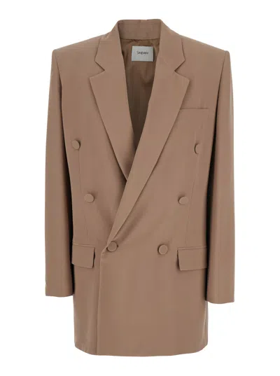 Saint Laurent Beige Double Breasted Jacket With Classic Lapels In Silk Woman In Beige Fonce