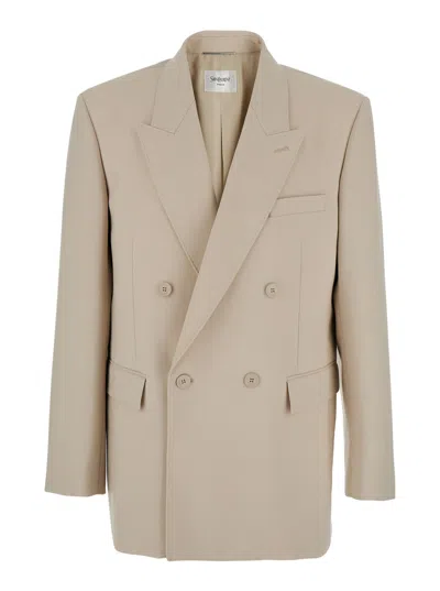 Saint Laurent Beige Double-breasted Jacket With Peak Revers In Wool Man In Multicolor
