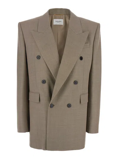 Saint Laurent Beige Double-breasted Jacket With Peak Revers In Wool Woman In Brown