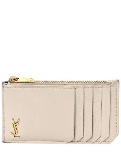 Saint Laurent Beige Grained Calfskin Leather Monogram 5 Fragments Zip Pouch  Card Holder (authentic