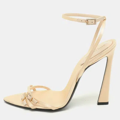 Pre-owned Saint Laurent Beige Leather And Satin Gippy Ankle Strap Sandals Size 40