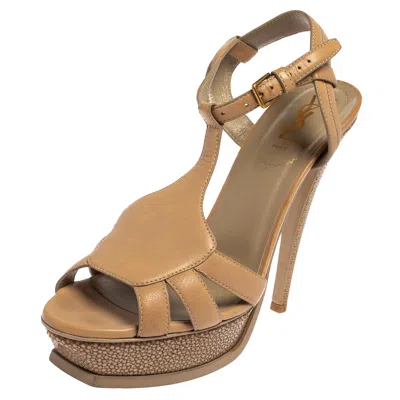 Pre-owned Saint Laurent Beige Leather And Textured Leather Ankle Strap Platform Sandals Size 40