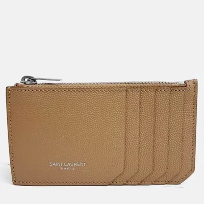 Pre-owned Saint Laurent Beige Leather Card Wallet In Sand