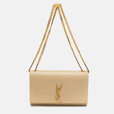 Pre-owned Saint Laurent Beige Leather Medium Kate Shoulder Bag In Sand