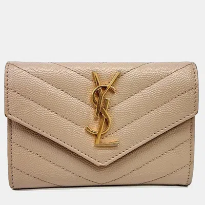 Pre-owned Saint Laurent Beige Leather Monogram Wallet (414404) In Sand