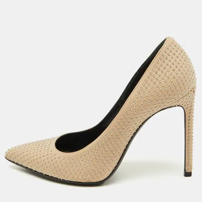 Pre-owned Saint Laurent Beige Leather Studded Pointed Toe Pumps Size 38.5