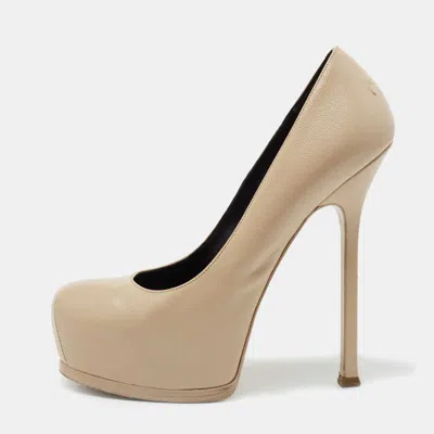 Pre-owned Saint Laurent Beige Leather Tribtoo Platform Pumps Size 38