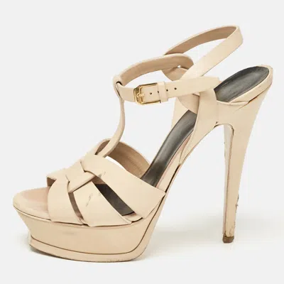 Pre-owned Saint Laurent Beige Leather Tribute Platform Sandals Size 37