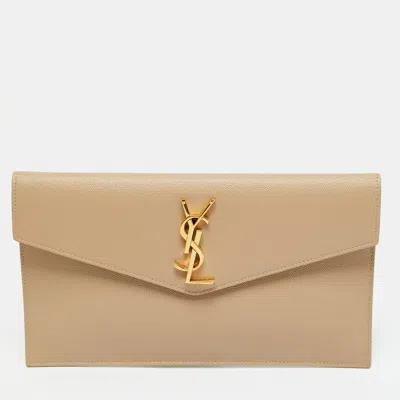 Pre-owned Saint Laurent Beige Leather Uptown Clutch In Sand