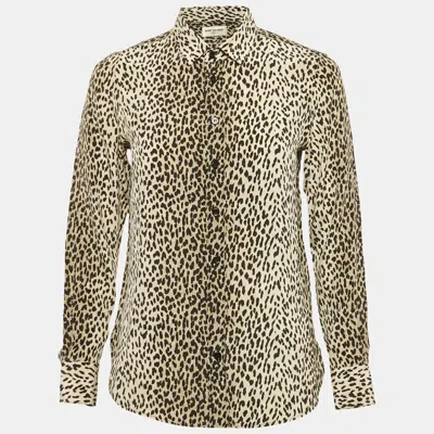 Pre-owned Saint Laurent Beige Leopard Print Silk Long Sleeve Shirt S
