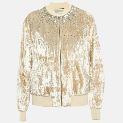 Pre-owned Saint Laurent Beige Lurex Velvet Embellished Bomber Jacket Xxl