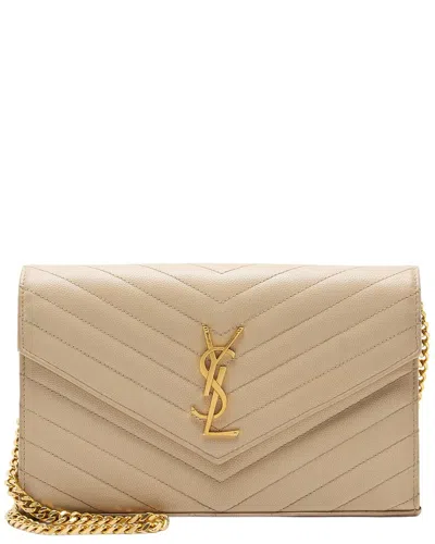Pre-owned Saint Laurent Beige Matelasse Grain De Poudre Leather Monogram Chain Wallet  (authentic Pre-loved)