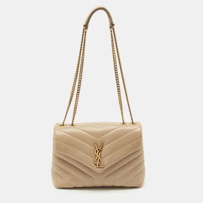 Pre-owned Saint Laurent Beige Matelassé Leather Small Loulou Shoulder Bag In Sand