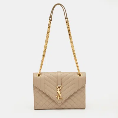 Pre-owned Saint Laurent Beige Mix Matelassé Leather Medium Envelope Chain Bag In Sand