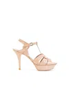 Saint Laurent Tribute Pink Sandals With Stiletto Heel And Cassandre In Leather Woman In Beige