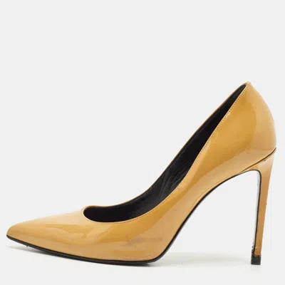 Pre-owned Saint Laurent Beige Patent Leather Anja Pointed Toe Pumps Size 37