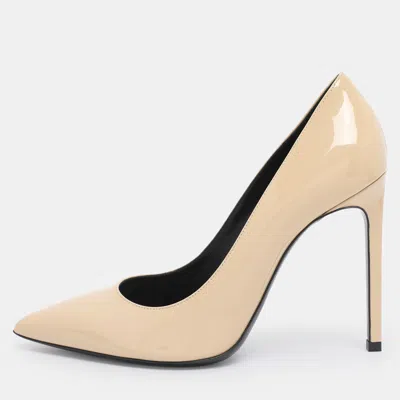Pre-owned Saint Laurent Beige Patent Leather Anja Pointed Toe Pumps Size 38 In Sand