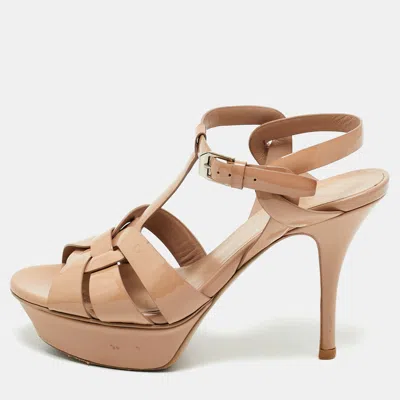 Pre-owned Saint Laurent Beige Patent Leather Ankle Strap Sandals Size 34.5