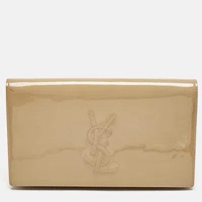 Pre-owned Saint Laurent Beige Patent Leather Belle De Jour Clutch In Sand
