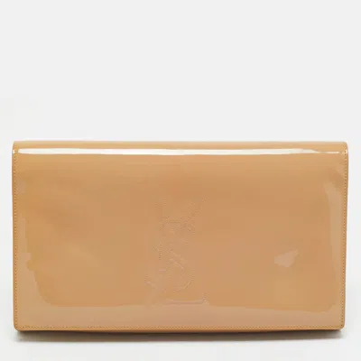 Pre-owned Saint Laurent Beige Patent Leather Belle De Jour Clutch In Sand