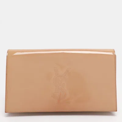 Pre-owned Saint Laurent Beige Patent Leather Belle De Jour Flap Clutch In Sand