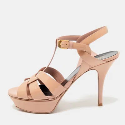 Pre-owned Saint Laurent Beige Patent Leather Tribute Ankle Strap Sandals Size 38