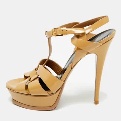 Pre-owned Saint Laurent Beige Patent Leather Tribute Ankle Strap Sandals Size 39