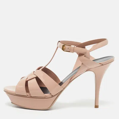 Pre-owned Saint Laurent Beige Patent Leather Tribute Ankle Strap Sandals Size 41 In Pink