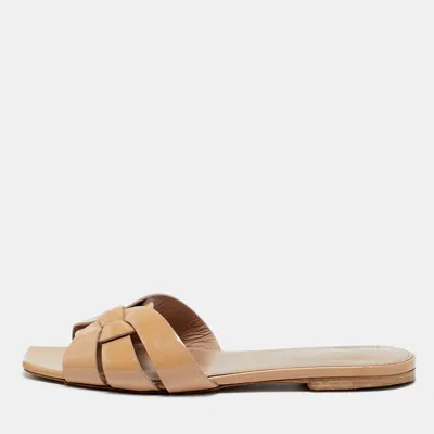 Pre-owned Saint Laurent Beige Patent Leather Tribute Flat Sandals Size 35.5