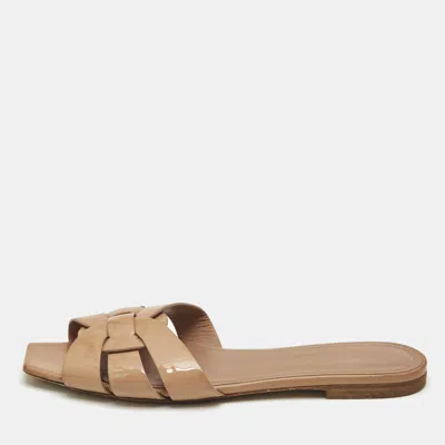 Pre-owned Saint Laurent Beige Patent Leather Tribute Flat Sandals Size 38