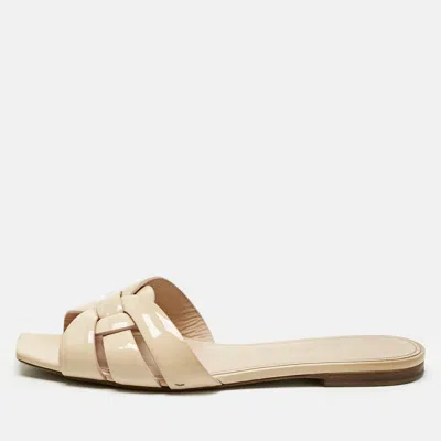 Pre-owned Saint Laurent Beige Patent Leather Tribute Flat Slides Size 37.5 In Sand