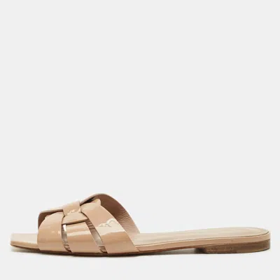 Pre-owned Saint Laurent Beige Patent Leather Tribute Flat Slides Size 38 In Sand