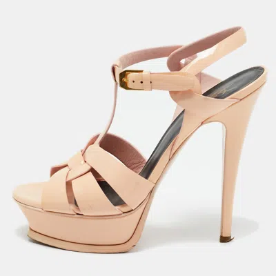 Pre-owned Saint Laurent Beige Patent Leather Tribute Platform Ankle Strap Sandals Size 37