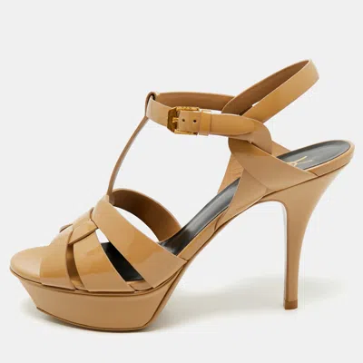 Pre-owned Saint Laurent Beige Patent Leather Tribute Platform Ankle Strap Sandals Size 38