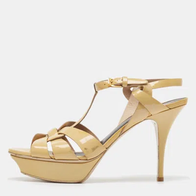 Pre-owned Saint Laurent Beige Patent Leather Tribute Platform Ankle Strap Sandals Size 41