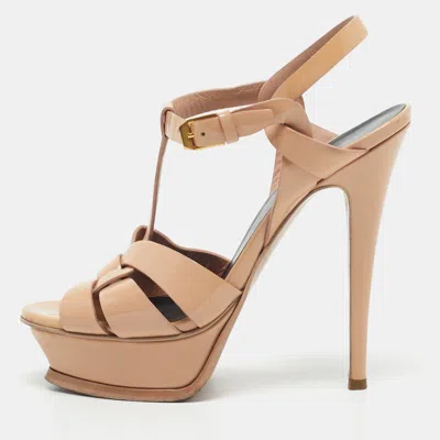 Pre-owned Saint Laurent Beige Patent Leather Tribute Platform Sandals Size 36