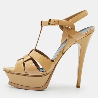 Pre-owned Saint Laurent Beige Patent Leather Tribute Platform Sandals Size 36.5