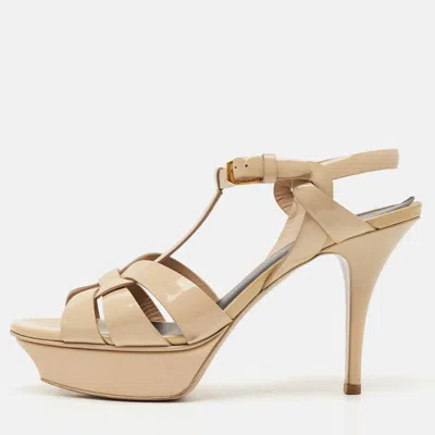 Pre-owned Saint Laurent Beige Patent Leather Tribute Platform Sandals Size 38