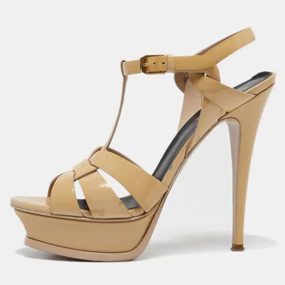 Pre-owned Saint Laurent Beige Patent Leather Tribute Platform Sandals Size 38.5