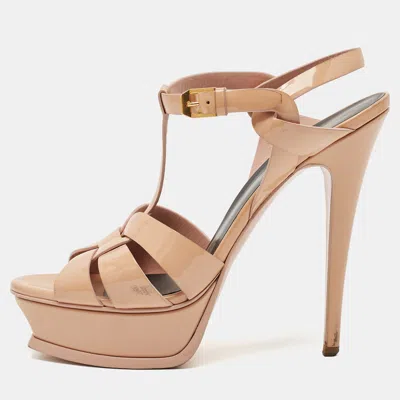 Pre-owned Saint Laurent Beige Patent Leather Tribute Platform Sandals Size 39