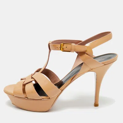 Pre-owned Saint Laurent Beige Patent Leather Tribute Platform Sandals Size 39