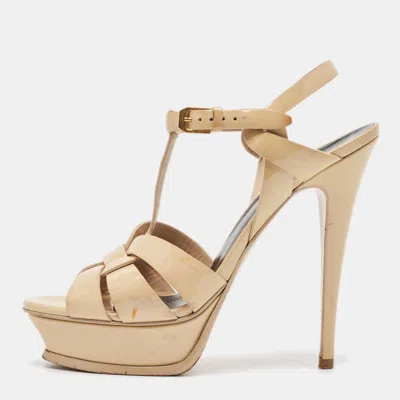 Pre-owned Saint Laurent Beige Patent Leather Tribute Platform Sandals Size 39