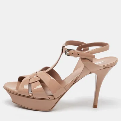 Pre-owned Saint Laurent Beige Patent Leather Tribute Platform Sandals Size 39.5